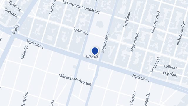 Χάρτης της περιοχής γύρω από τον σταθμό του μετρό Αιγάλεω, ανάμεσα στην Ιερά Οδό και τη Θηβών, με το γραφείο «Στάθμη» σημειωμένο.